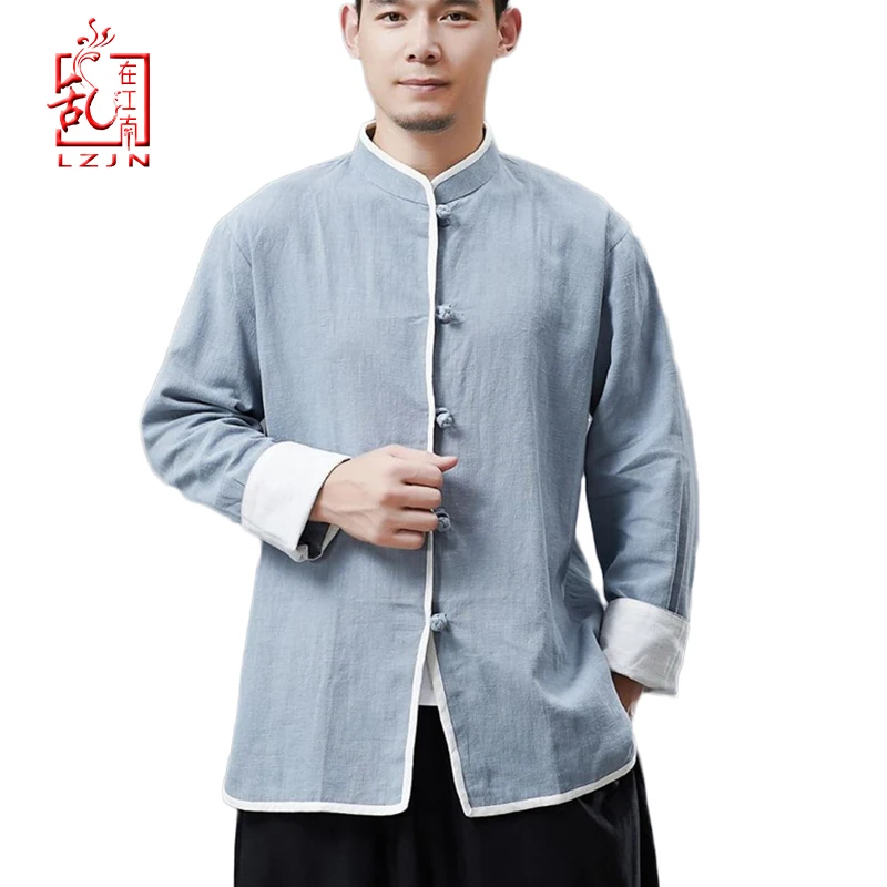 

LZJN Spring New Men's Traditional Chinese Style Linen Shirt Stand Collar Small Cloth Buckle Men's Art Color Matching Piping Top