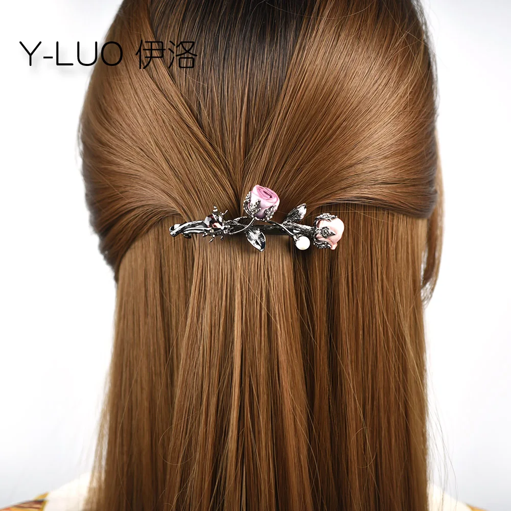 Girls headwear romantic rose flower hair clip for girls vintage hair barrettes rhinestone hair accessories for women