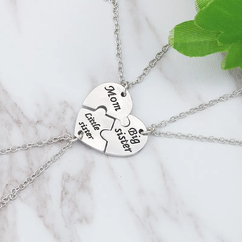 Best Friend 3Pcs Love Heart Sister Necklace Women Big Little Sis Mom BFF Necklaces Pendants Fashion Family Jewelry Collier Femme