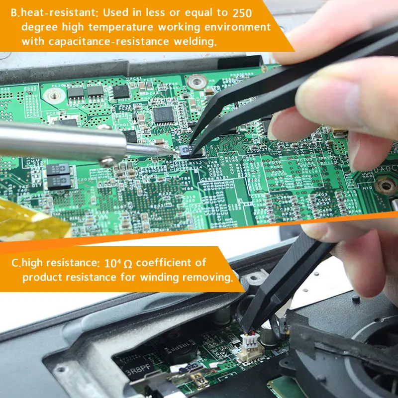 JAKEMY JM-T11 정전기 방지 핀셋 키트, 내열 플랫 포인트 곡선 핀셋 세트, 아이폰 삼성 노트북 PCB 수리용, 3 인 1