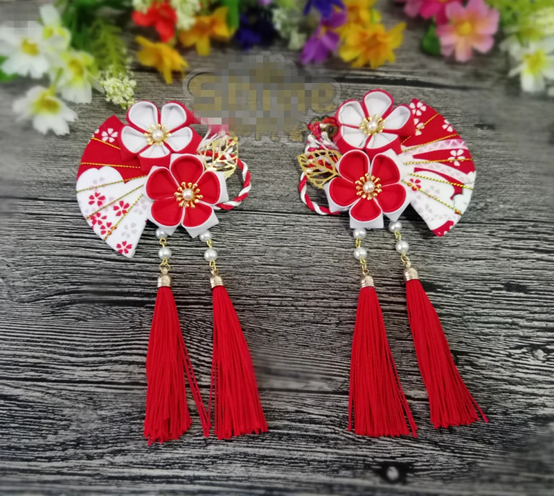 Hand Made Hairpin Cotton Cloth Hair Clip Red Cherry Barrettes Japanese Style Anime Cosplay Accessories Kimono Fan