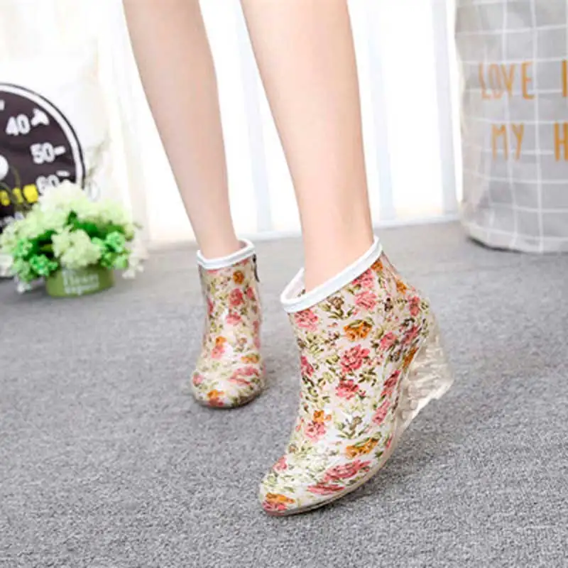 Fashion Women Wedges Rain Boots Female Short High-Heeled Boots Wedge Rain Shoes Rubber Water Shoes For Woman