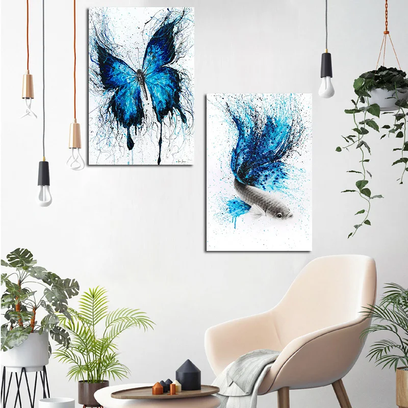 

Minimalist Blue Butterfly Fish Animal Canvas Painting Poster Print Nordic Scandinavian Art Nursery Wall Picture For Kid Room