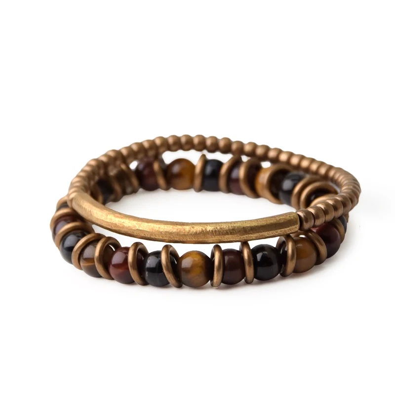 Colorful Tiger Eye Stone Bracelet Mixed Hand Beaten Vintage Pure Copper Street Punk Jewelry Male Female Unisex Accessories