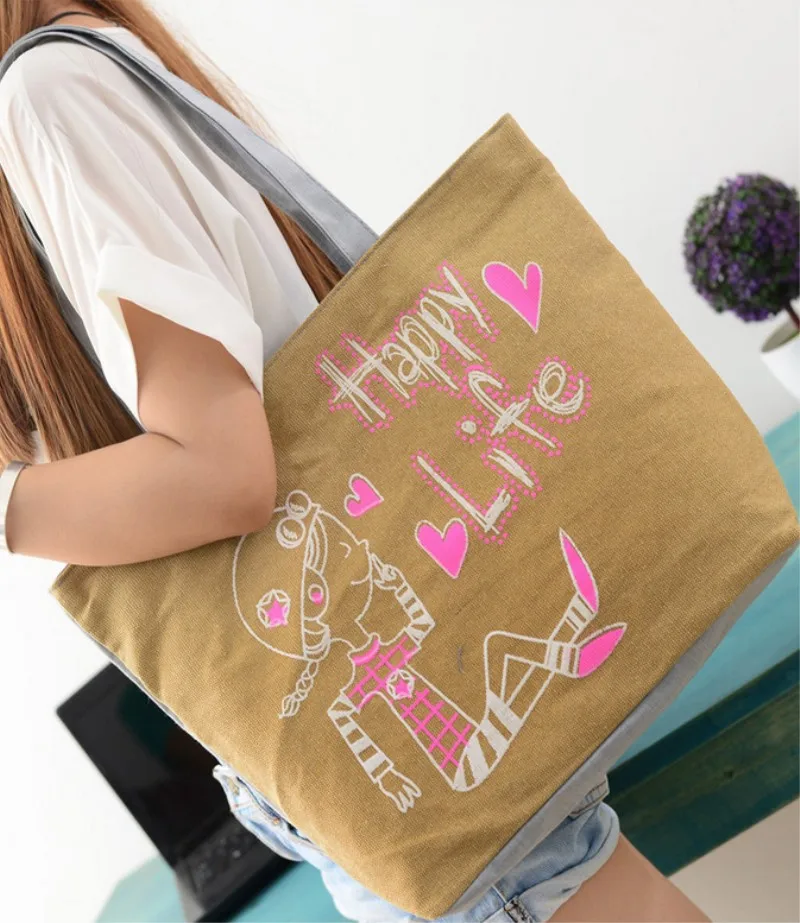 Hearts Printed Canvas Tote Female Casual Beach Bags Large Women Single Shoulder Shopping Bag Canvas Handbags