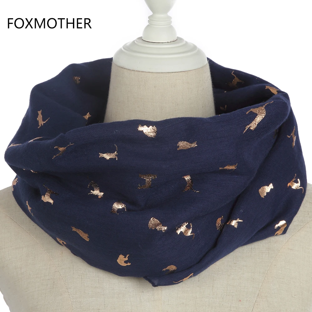 FOXMOTHER New Winter Fashion Women Grey Navy Shiny Metallic Foil Gold Cat Ring Scarves Circle Scarf Snood Shawl Foulard Femme