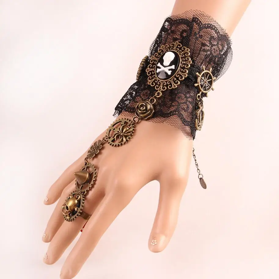 Vintage Gothic Skull/Portrait/Butterfly/Clock Mixed with Gears Steampunk Lace Bracelet Cosplay Party Accessory