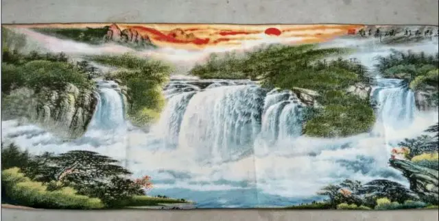 160 x 60 Cm * / Exquisite Chinese silk embroidery thangka - Auspicious sunrise waterfall landscape