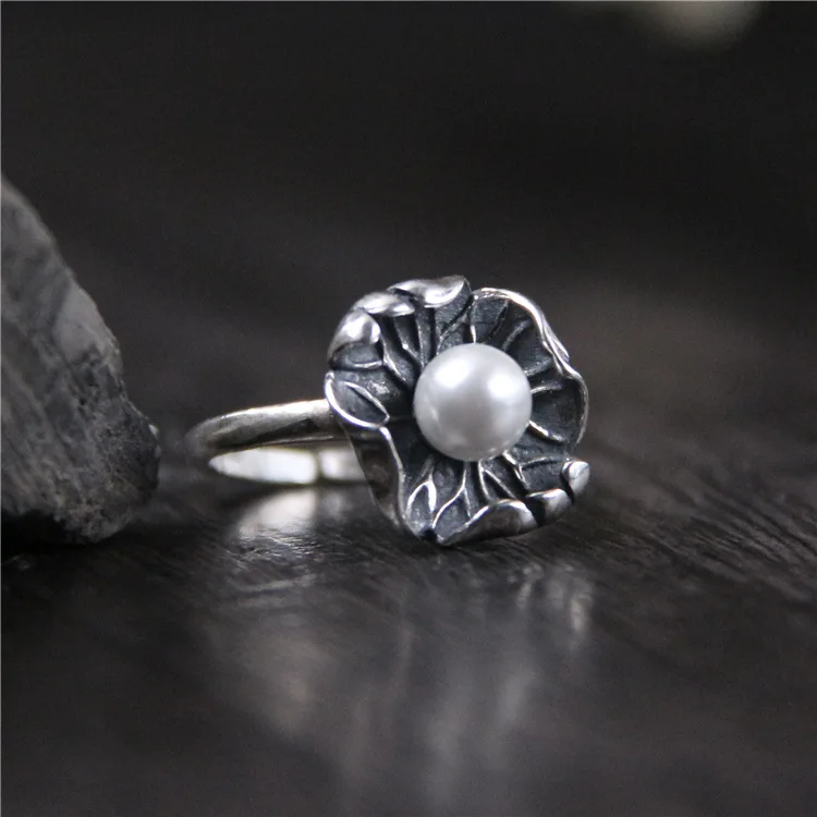 

S925 pure silver palace art restoring ancient ways of lotus leaf pearl ring for women Thai national wind ring of silver