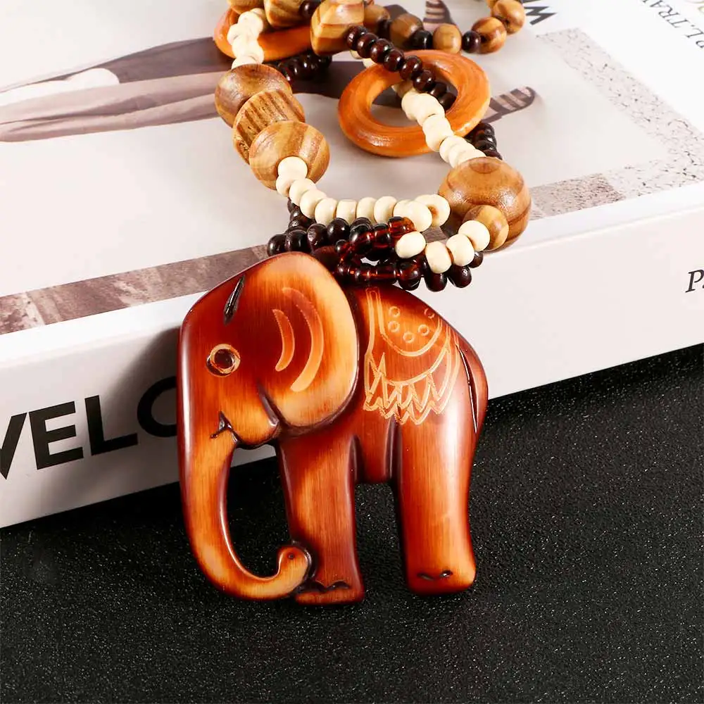 Women 1 PC Bohemia Necklace Jewelry Ethnic Style Long Hand Made Bead Wood Elephant Pendant Necklace Jewelry