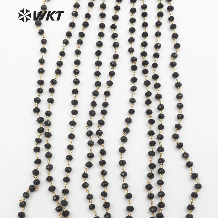 

WT-RBC038 WKT Black crystal rosary chains faceted beads and brass with gold color plated wire resist tarnishable 10meters/lot