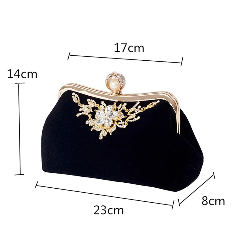 Female Velvet Diamond Pearl Purse Vintage Crystal Velvet Evening Bag Flower Wedding Party Bride Clutch Bag Velvet Purse Handbag