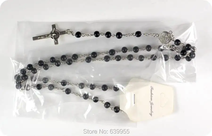 مسبحة من الزجاج الأسود ، مسبحة القديس بنديكت ، قلادة إنري جيسوس الصليب ، أزياء مسيحية كاثوليكية ، مجوهرات دينية ، 6 ميدالية #4