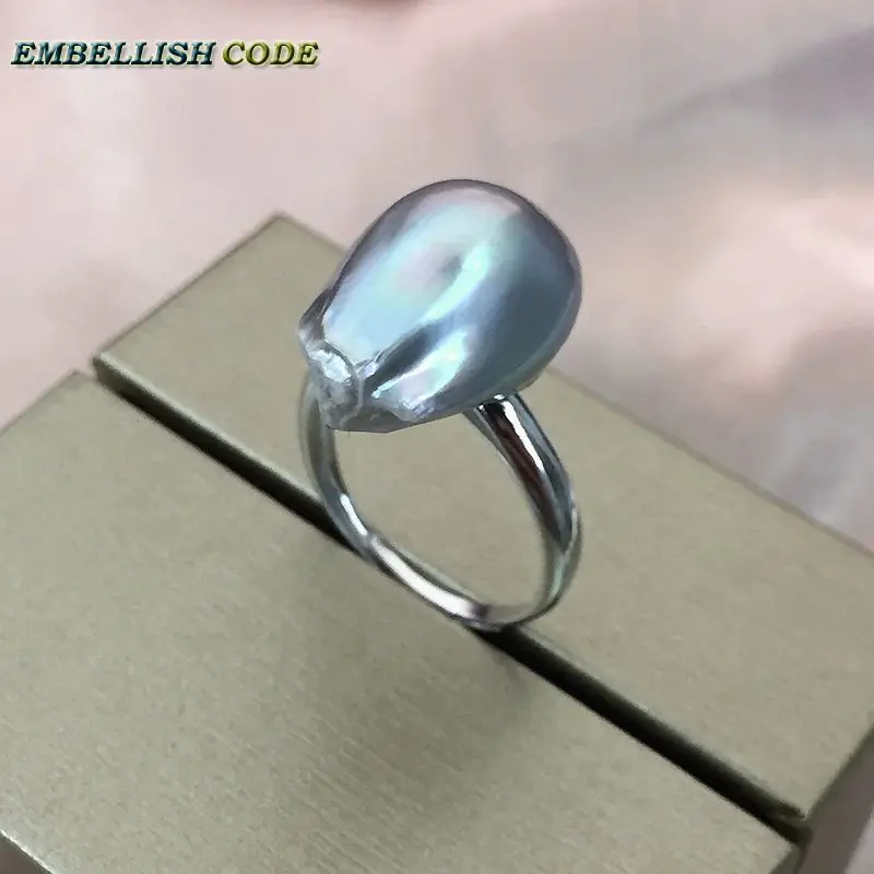 Adjustable size Resize baroque pearl 925 silver Ring simple classical gray Lustrous tissue nucleated flameball gift for women