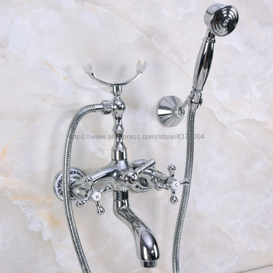 

Wall Mount Polished Chrome Bathtub Tub Mixers Two Cross Handles Bathroom Bath Shower Faucet with Handshower Nna234