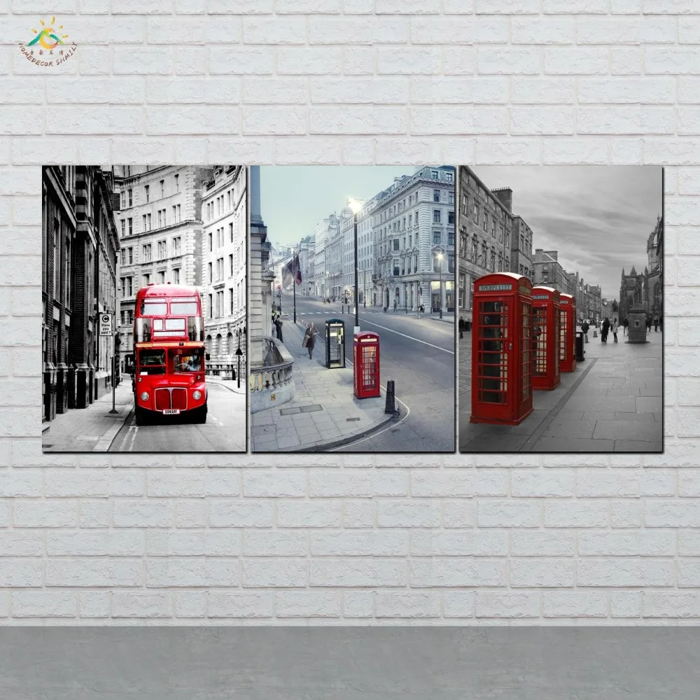 Modern Wall Art Prints Canvas Art Painting Modular Picture Vintag Poster Red Bus & Telephone Booth Canvas Painting 3 PIECES