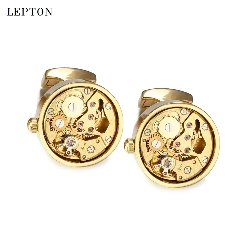 Hot Sale Non-Functional Watch Movement Cufflinks For Mens Lepton Round Gold Color Steampunk Gear Watch Mechanism Cuff links