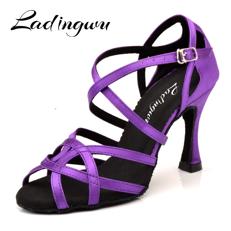 Ladingwu Dance Shoes Latin Women Purple Satin Salsa Dance Shoes unique design Soft Bottom Ballroom Dance Shoes Cuba Heel 9cm