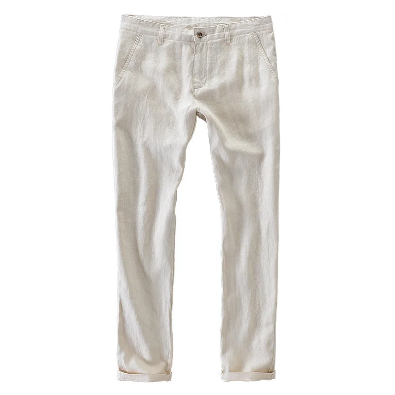 2020 Summer Mens 100% Linen Pants Cool Thin White Trousers Breathable Pants Casual Trousers Man Straight Business Cargo