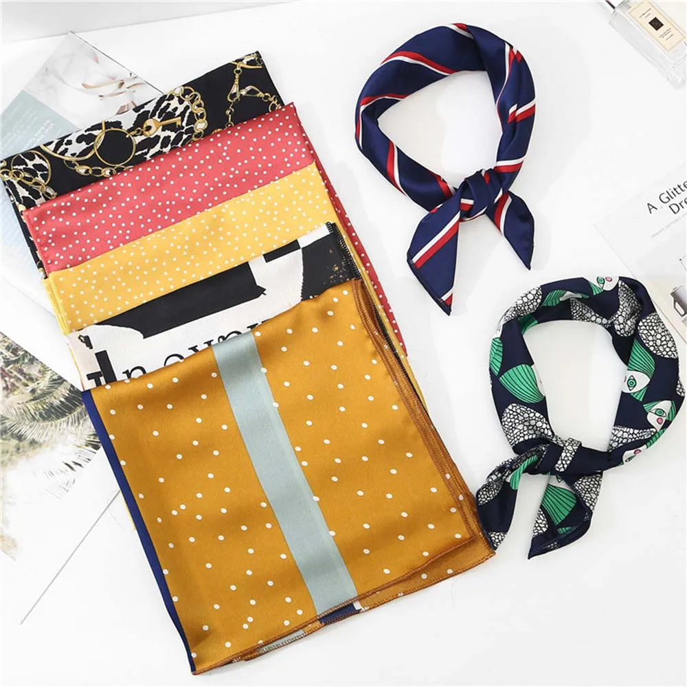 Luxury Women Silk Scarf Square Hair Scarf Satin Neck Hotel Waiter Flight Attendants Business Imitate Bandana Silk Bag Scarf 50cm