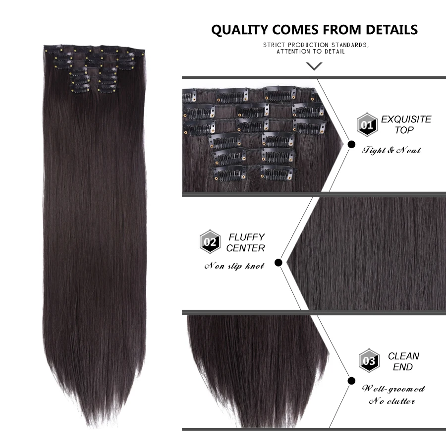 Leeons Hair-extensões de cabelo sintético, 22 ", 16 clipes, reto longo, fibra de alta temperatura, preto, peruca marrom, 1 pc