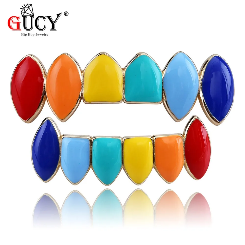 GUCY Hip Hop Rainbow Teeth Grillz Top & Bottom Colorful Grills Dental Halloween Vampire Teeth Grill Set