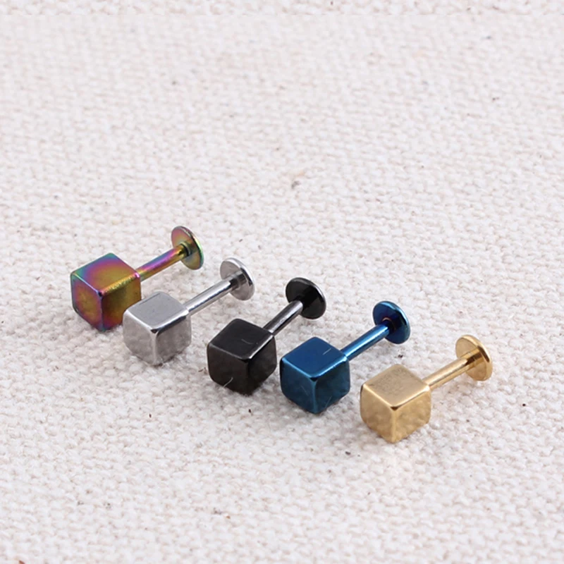 Alisouy 1pc Black Blue Gold Color Stainless Steel Square Cube Labret Lip Rings Nails Ear Stud Earrings Body Piercing Jewelry