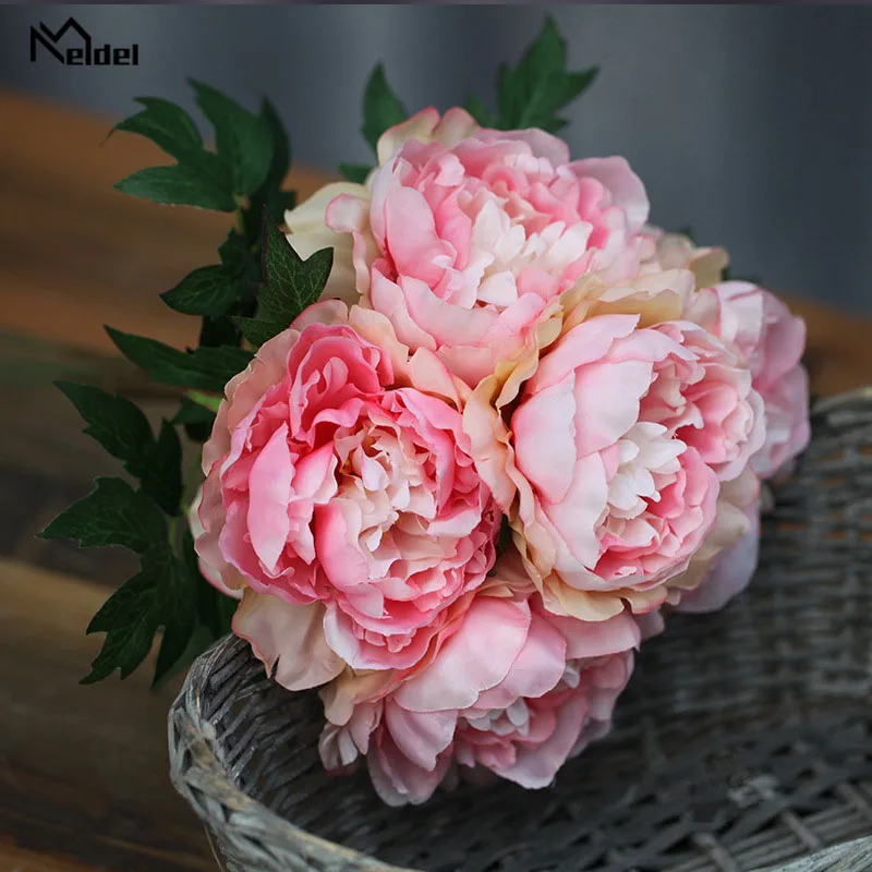 Meldel เจ้าสาวงานแต่งงานช่อดอกไม้ประดิษฐ์ Peony Posy Red DIY Bouquet ตกแต่งบ้านสำนักงาน Nosegay ดอกไม้