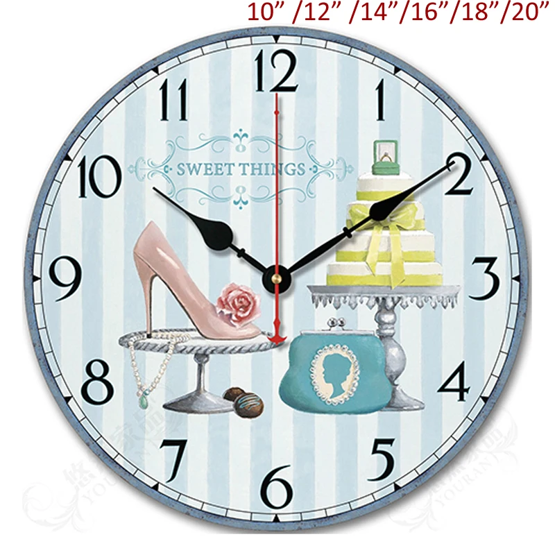 

Vintage Sweet Things Stripe Sky Blue White High Heel Shoes Cake Holder Wallet With Arabic Numbers Printed Round Wood Wall Clock