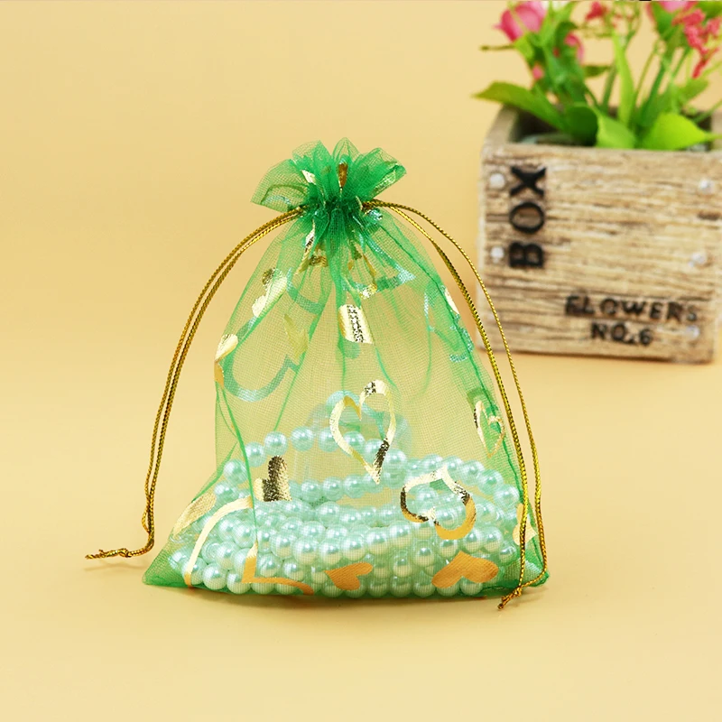 Wholesale 100pcs/Lot Green Organza Bag 13x18cm Wedding Jewelry Gift Packaging Bag Organza Pouches Heart Drawstring Gift Bags