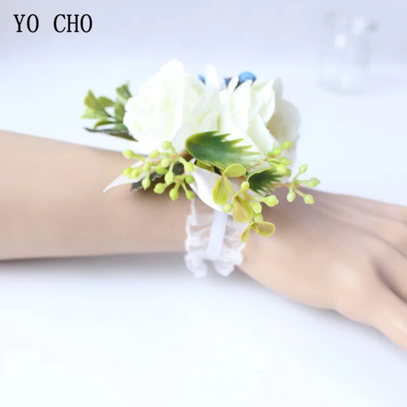 YO CHO Corsages Bridal Artificial Silk Rose Wrist flowers Bracelet White Blue Groom Wedding Boutonniere Prom Party Meeting Decor