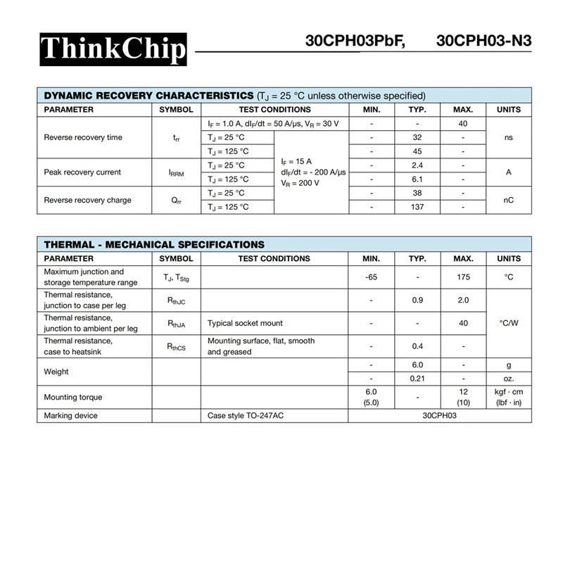 (5 pcs) 30CPH03 TO-247 30CPH03PBF Fast / Ultrafast Diode, 300 V, 30 A, Dual Common Cathode, 1.25 V, 40 ns, 140 A
