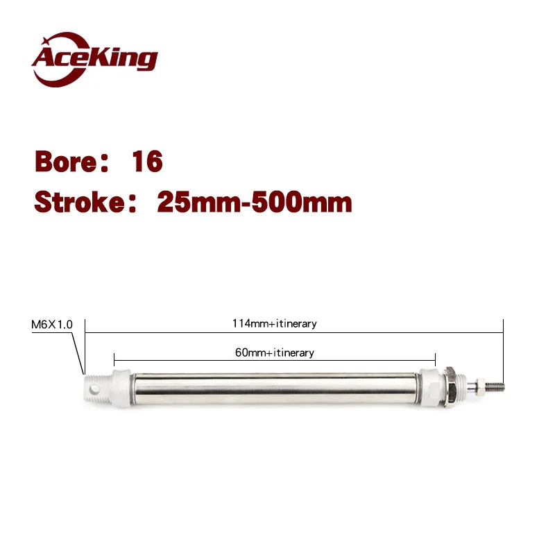 AceKing stainless steel mini cylinder MA16x25x50x75x100x125x150x175x200x250x300x400x500-SCA MA16X50SCA MA16-25SCA MA16X100S