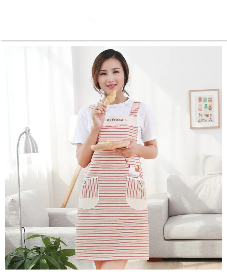 1PC Cotton Linen Kitchen Stripe Apron with Pocket Cooking Apron Avental Dining Room Barbecue Restaurant Pocket Halterneck LF 178