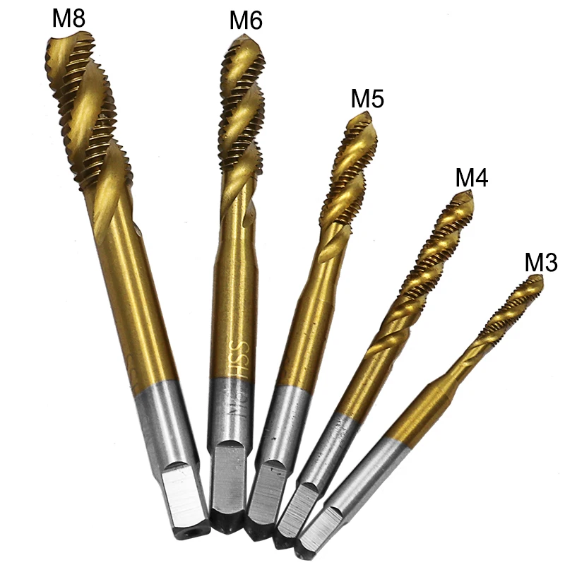 Perceuse à filetage revêtu de titane métrique Hss spirale cannelée Machine à vis robinet M3 M4 M5 M6 M8 robinets pointus en spirale