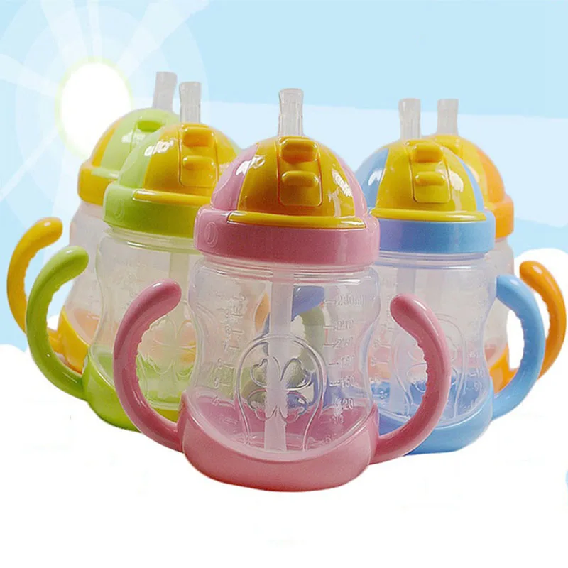 

5 Colors 280ml Baby Bottle Kids Cup Silicone Sippy Children Training Cups Cute Baby Drinking Water Straw Handle Feeding Bottle