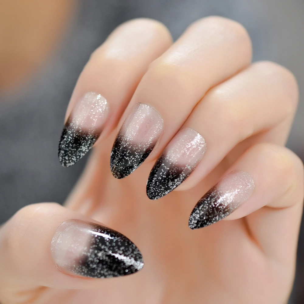 Gradient Clear Black French Press On False Nails Tips Stiletto Easy to Wear Bling Silver Glitter Oval DIY Designed Nails
