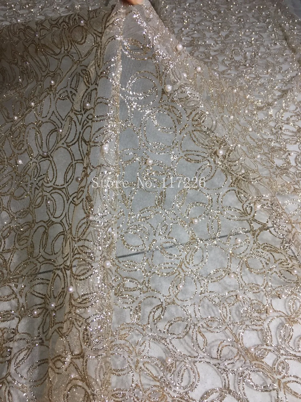 

JRB-7227 Excellent African net lace fabric with glued glitters beads fashion French tulle material for evening dress