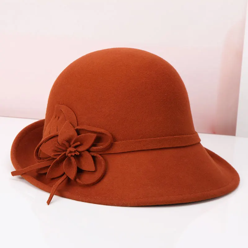 Lady Wool Fedoras Hat Girls Winter Warm Woolen Hat Girls Dome Elegant Flower Cap Woolen Basin Hat British Cap Adjustable B-8903