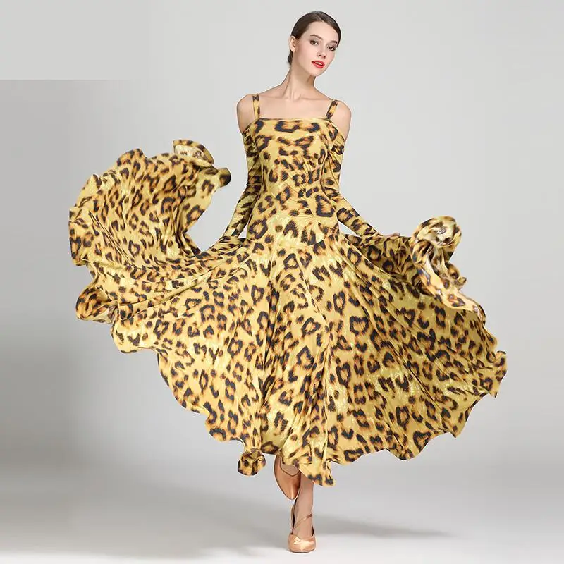 Vestido estampado de leopardo para dança, vestido sexy tomara que caia manga longa, estampa de onça para o tango e chamamento espanhol, novo, 2021