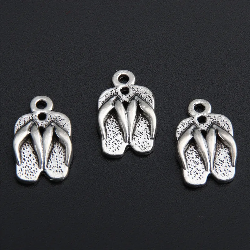 50pcs  Silver Color Slippers Charms 3D Flip Flops Pendant With Flower Beach Jewelry Making Finding A2793