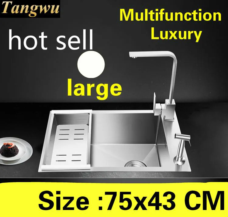 

Free shipping Apartment high quality large kitchen manual sink single trough vogue 304 stainless steel hot sell 750x430 MM