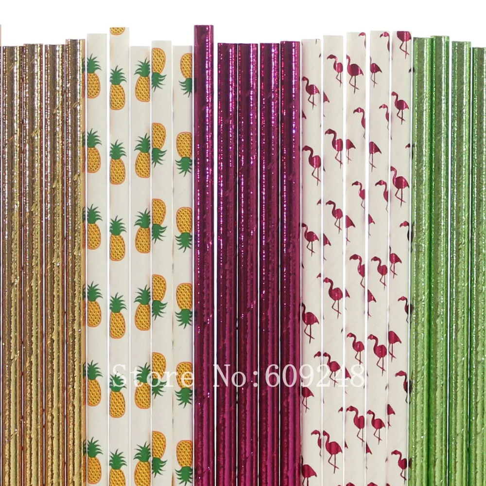 125 Pcs Party Paper Straws,Pineapple,Solid Color Plain Green Gold Foil,Hot Pink Foil Flamingo,Birthday Baby Shower Pool Decor