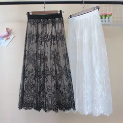 Women Sexy Lace Mesh Long Skirt Vintage Summer Korean High Waist Elastic A-Line Transparent Tulle Black White Midi  Skirt 142