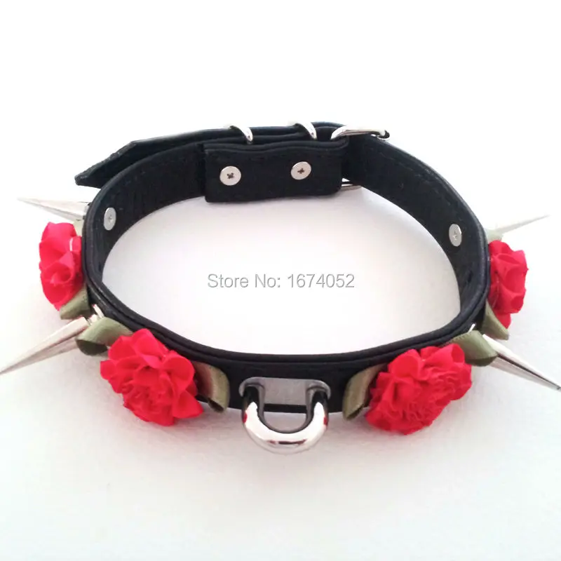 Cute Kawaii 100% Handcrafted Rose Flower Long Spikes Ribbon Lace Up Leather Choker Collar Necklace