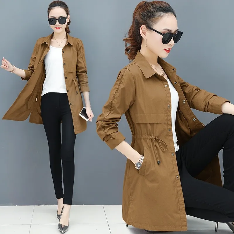 

New 2019 Double-breasted Winderbreak Trench Female Fashion Long Solid Color Turn-down Collar Coat Outwear Femme