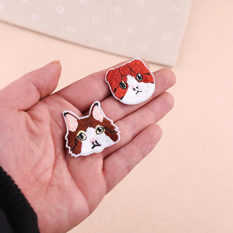 10 PCS AHYONNIEX Cute Cat Head And Fish Series Patches Embroidery Fashion Iron On Fabric Stickers Clothing Bags Accessories