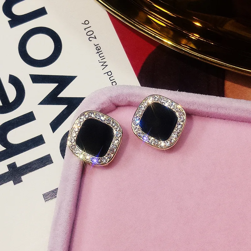 Black Geometric Ear Nail Five-pointed Star Square Full Of Shining Zircon Personality Temperament Female Simple Fashion Earrings