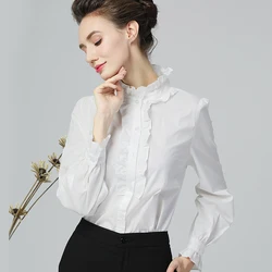 Women White Blouse Ruffled Stand Collar Long Sleeve Button-down Cotton Shirt Loose Plus Size S-4XL Elegant Office Blouses Tops