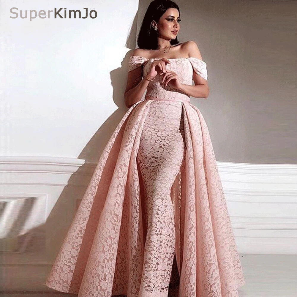 2019 New Arrival Pink Evening Dresses Long Robe De Soiree Lace Detachable Skirt Arabic Evening Gown Vestido De Festa De Longo